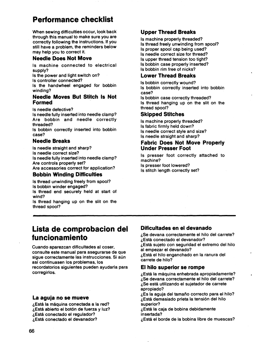 Performance checklist, Usta de comprobación del funcionamiento | SINGER 1873 User Manual | Page 68 / 76