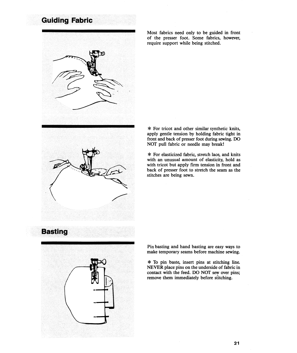 Guiding fabric, Basting | SINGER 2112 User Manual | Page 23 / 36