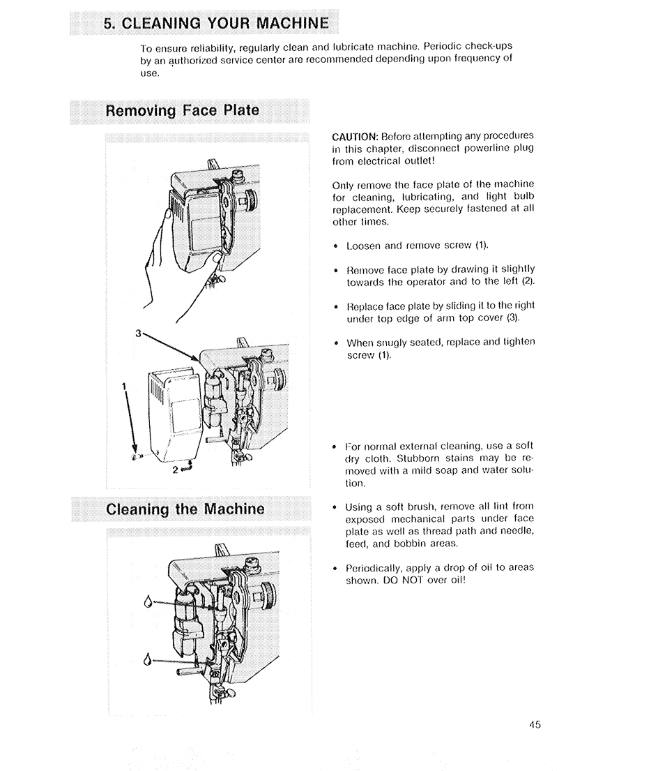 Cleaning your machine, Removing face plate, Removing face plate cleaning the machine | Edge | SINGER 2210 Athena User Manual | Page 47 / 52