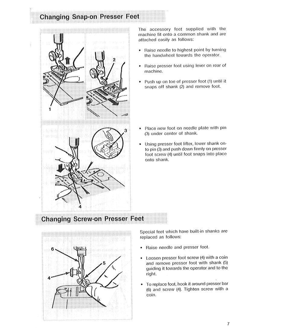 Changing snap-on presser feet, Changing screw-on presser feet, Feet | SINGER 2210 Athena User Manual | Page 9 / 52