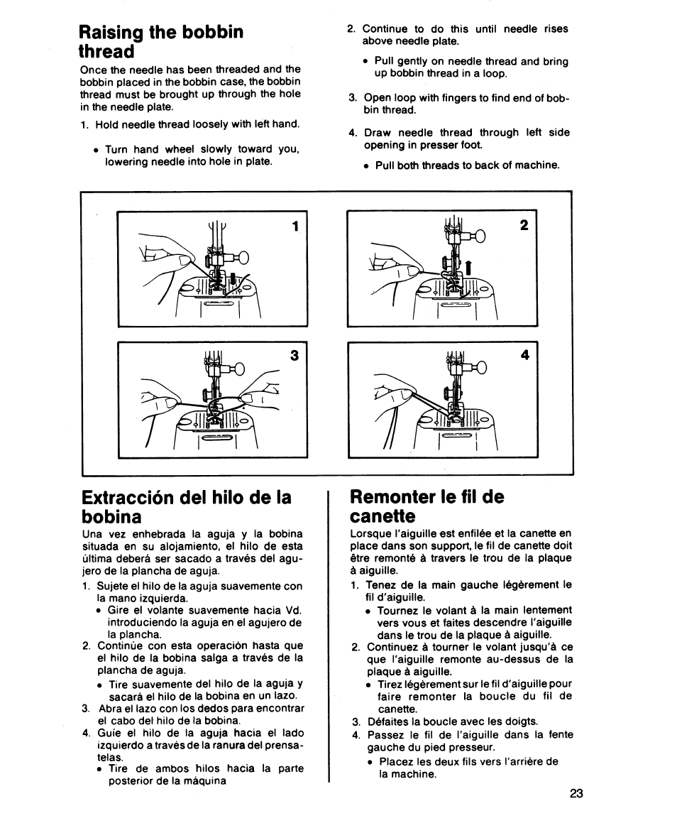 Raising the bobbin thread, Extracción del hilo de la bobina, Remonter le fil de canette | SINGER 2543 User Manual | Page 27 / 72