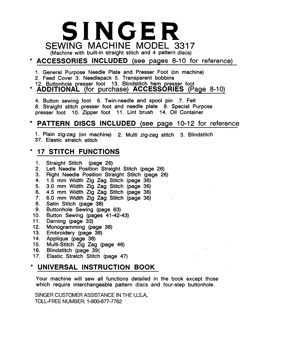 Singer, 17 stitch functions, Universal instruction book | Sewing machine model 3317, Additional (for purchase) accessories (page 8-10) | SINGER 2543 User Manual | Page 3 / 72