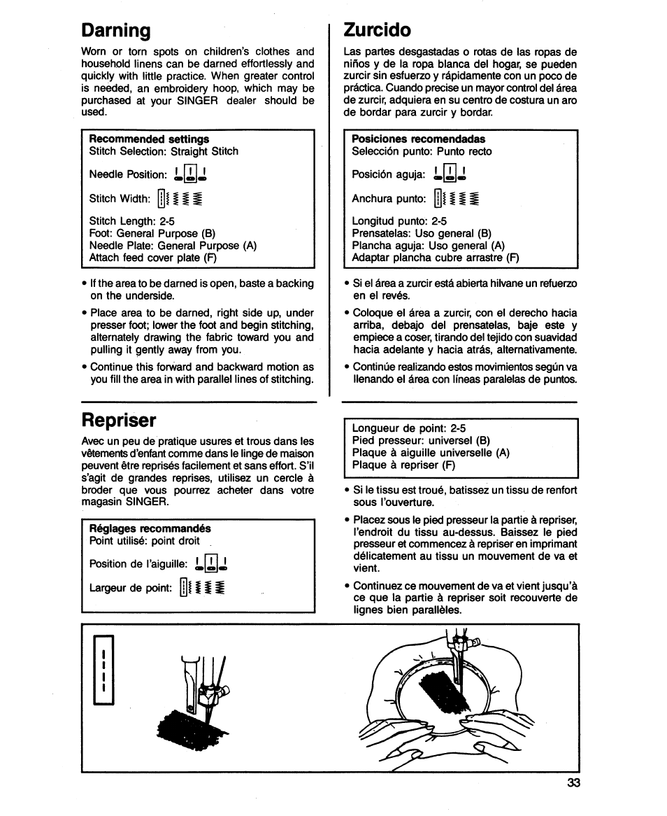 Repriser, Darning, Zurcido | SINGER 2543 User Manual | Page 37 / 72