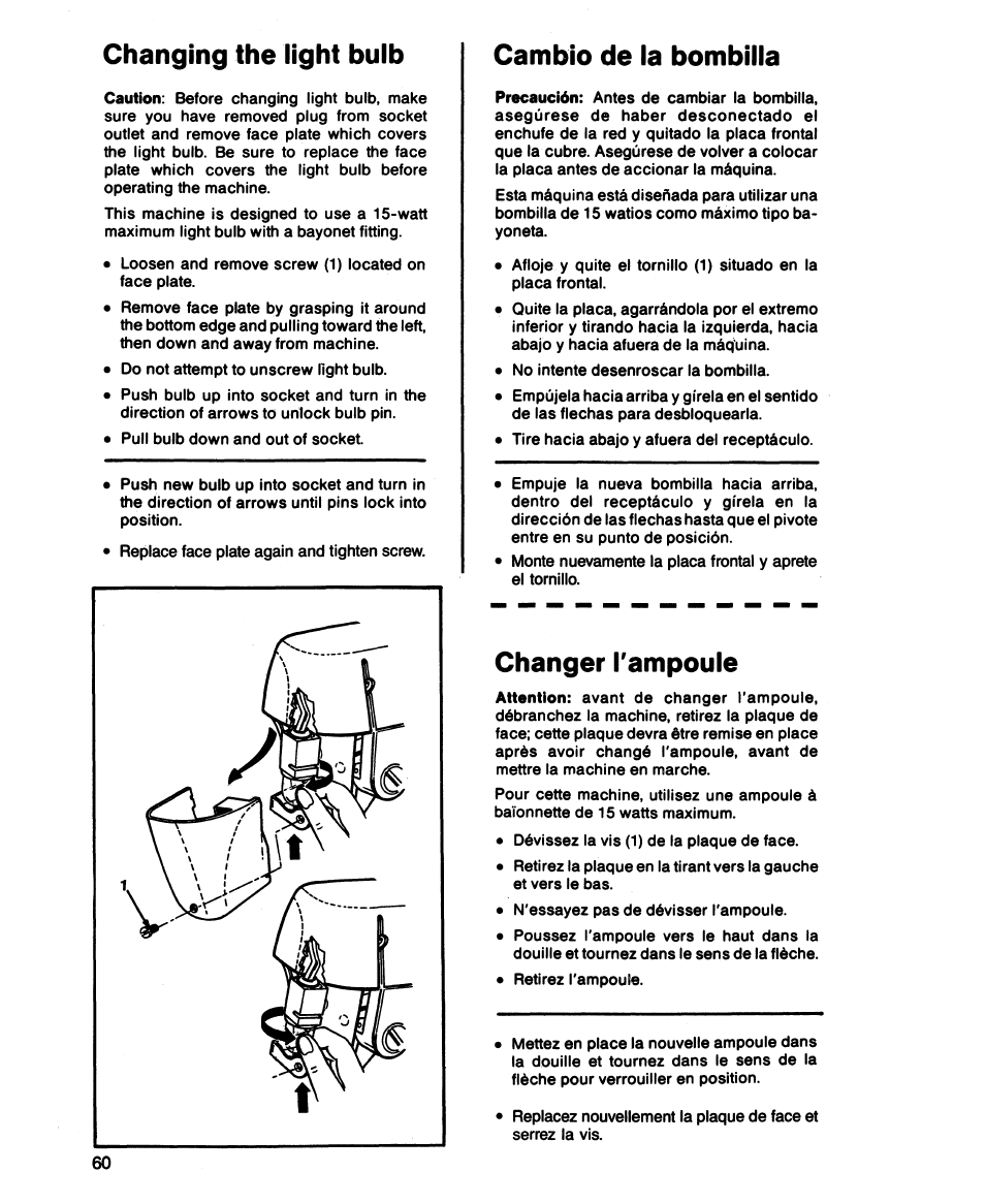 Changing the light bulb, Changer l'ampoule, Cambio de la bombilla | SINGER 2543 User Manual | Page 64 / 72