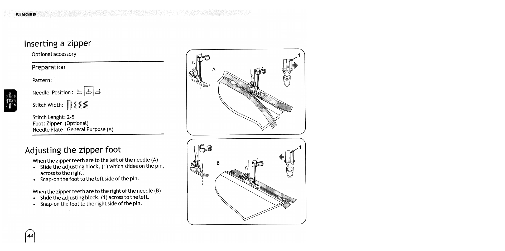 Inserting a zipper, Preparation, Adjusting the zipper foot | Singer | SINGER 2517 Merritt User Manual | Page 47 / 80