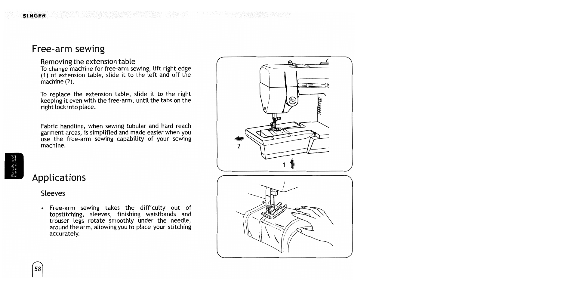 Free-arm sewing, Removing the extension table, Applications | Sleeves, Free-arm sewing removing the extension table | SINGER 2517 Merritt User Manual | Page 61 / 80