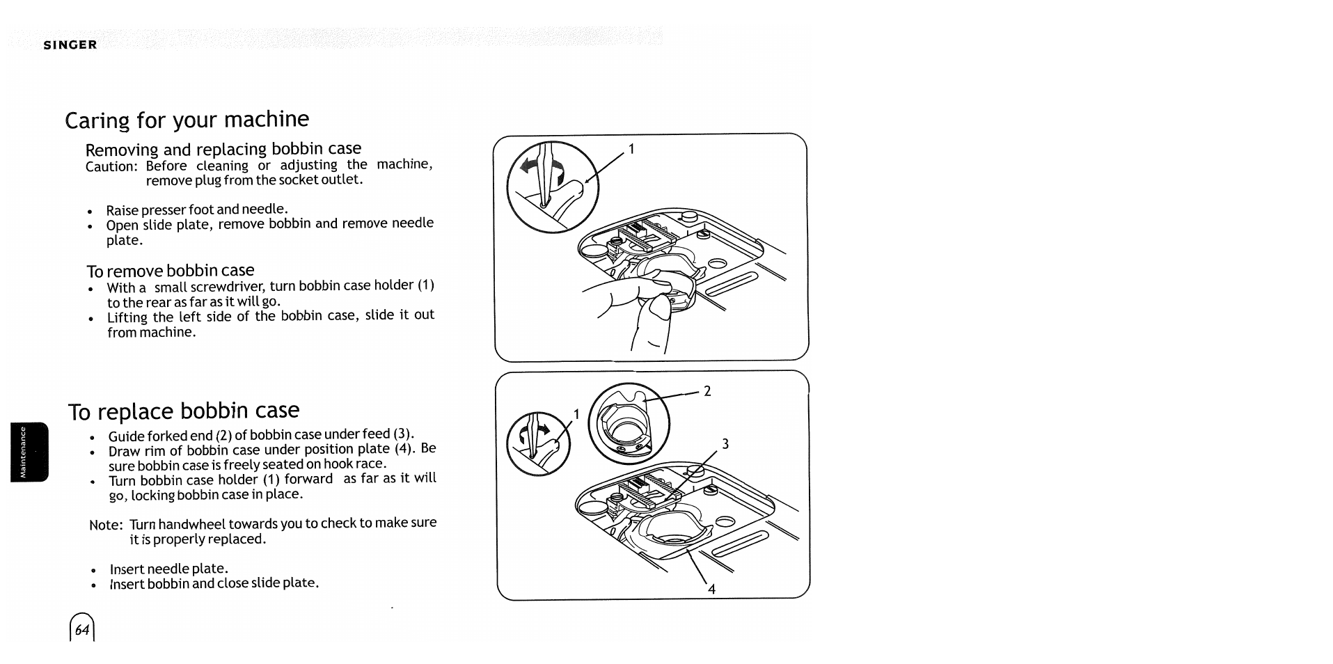 Caring for your machine, Removing and replacing bobbin case, To remove bobbin case | To replace bobbin case | SINGER 2517 Merritt User Manual | Page 67 / 80