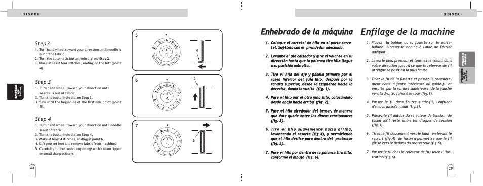 Enfilage de la machine, Enhebrado de la máquina, Step 2 | Step 3, Step 4 | SINGER 2866 User Manual | Page 31 / 48