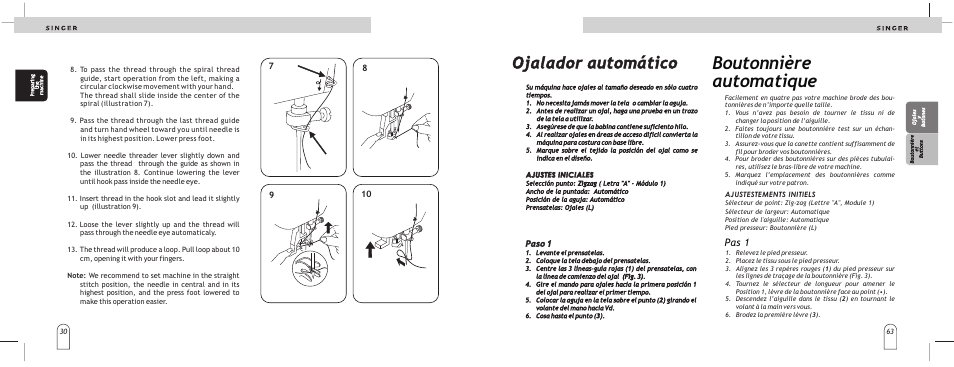 Boutonnière automatique, Ojalador automático, Pas 1 | Paso 1 | SINGER 2866 User Manual | Page 32 / 48