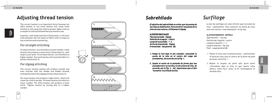 Adjusting thread tension, Surfilage, Sobrehilado | For straight stitching, For zigzag stitching | SINGER 2866 User Manual | Page 36 / 48