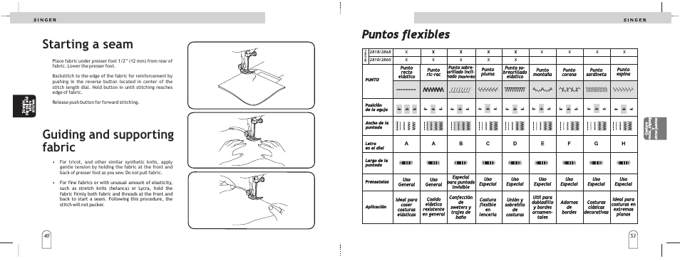 Starting a seam guiding and supporting fabric, Puntos flexibles | SINGER 2866 User Manual | Page 42 / 48