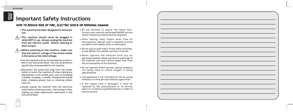 Important safety instructions | SINGER 2866 User Manual | Page 6 / 48