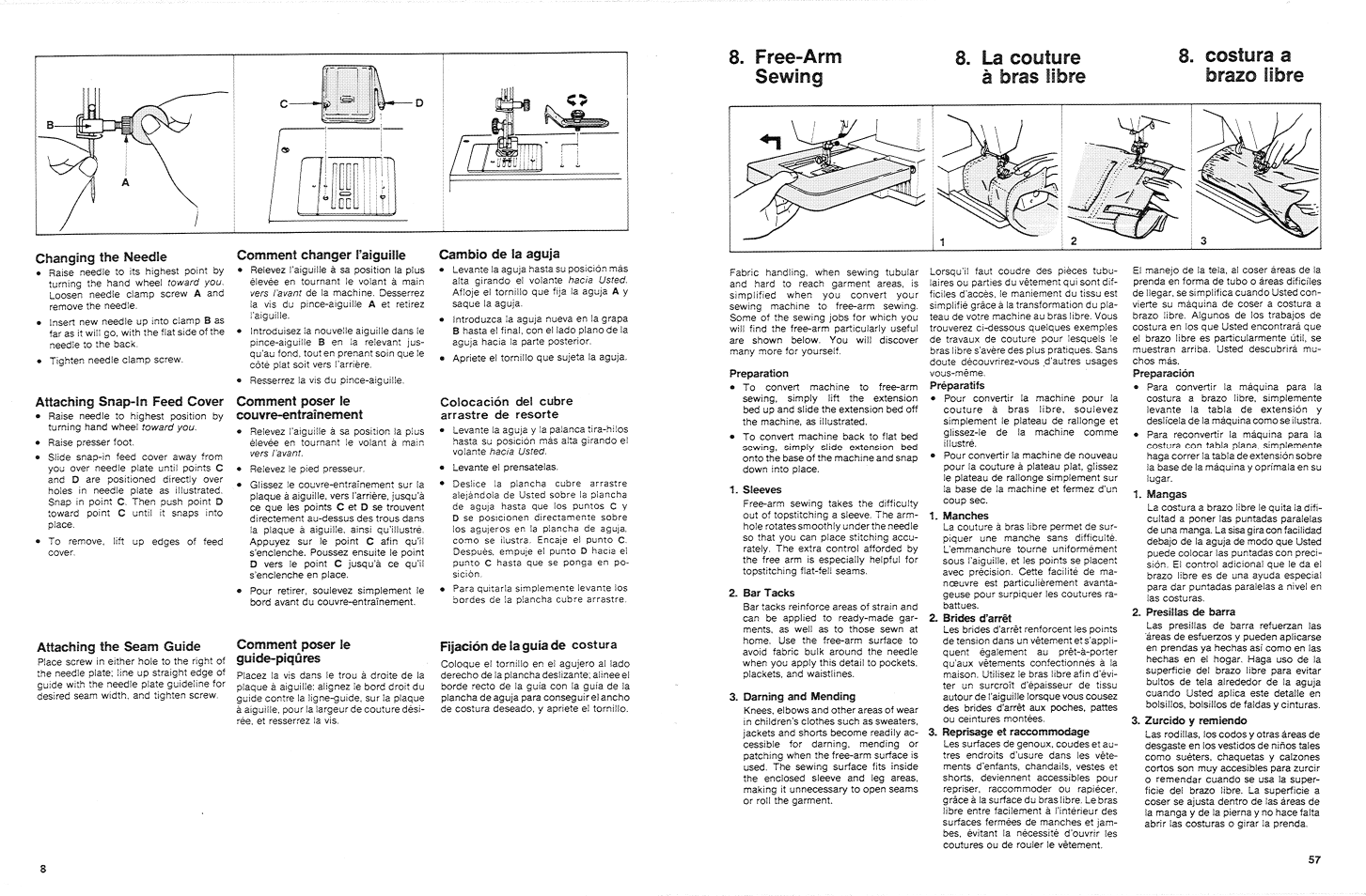 Changing the needle, Attaching snap-in feed cover, Comment changer i’aiguilie | Comment poser le couvre-entraînement, Cambio de ia aguja, Attaching the seam guide, Comment poser le guide-piqûres, Fijación de ia guía de costura | SINGER 3015 User Manual | Page 10 / 68