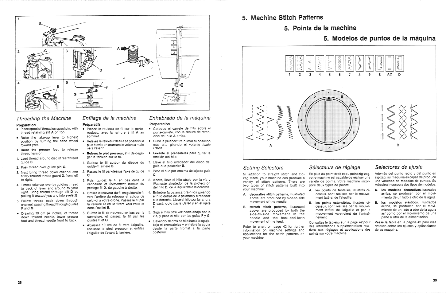 Enhebrado de la máquina, Threading the machine enfilage de la machine | SINGER 3015 User Manual | Page 28 / 68