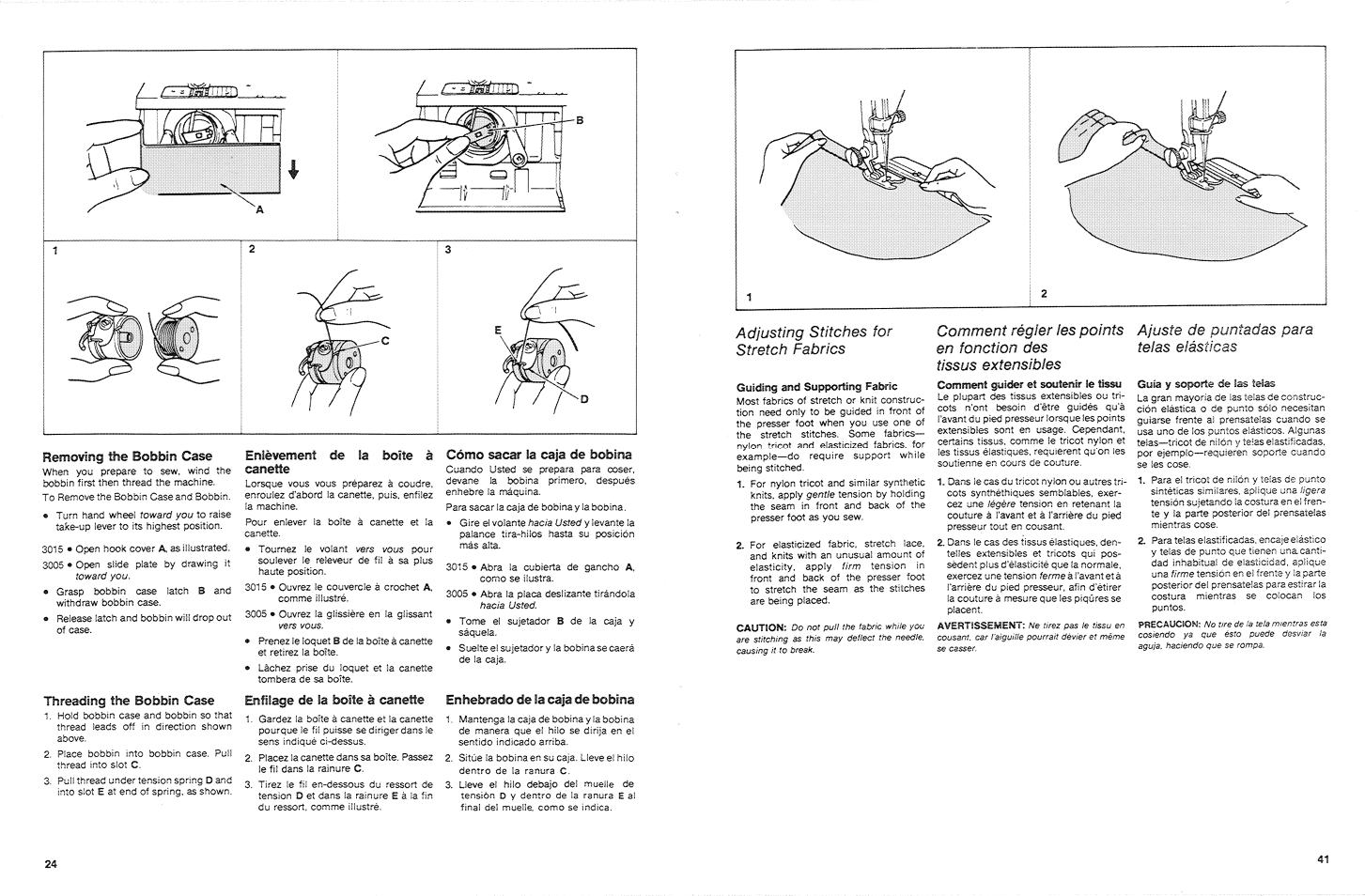Tissus extensibles, Comment guider et soutenir le tissu, Adjusting stitches for stretch fabrics | SINGER 3015 User Manual | Page 43 / 68