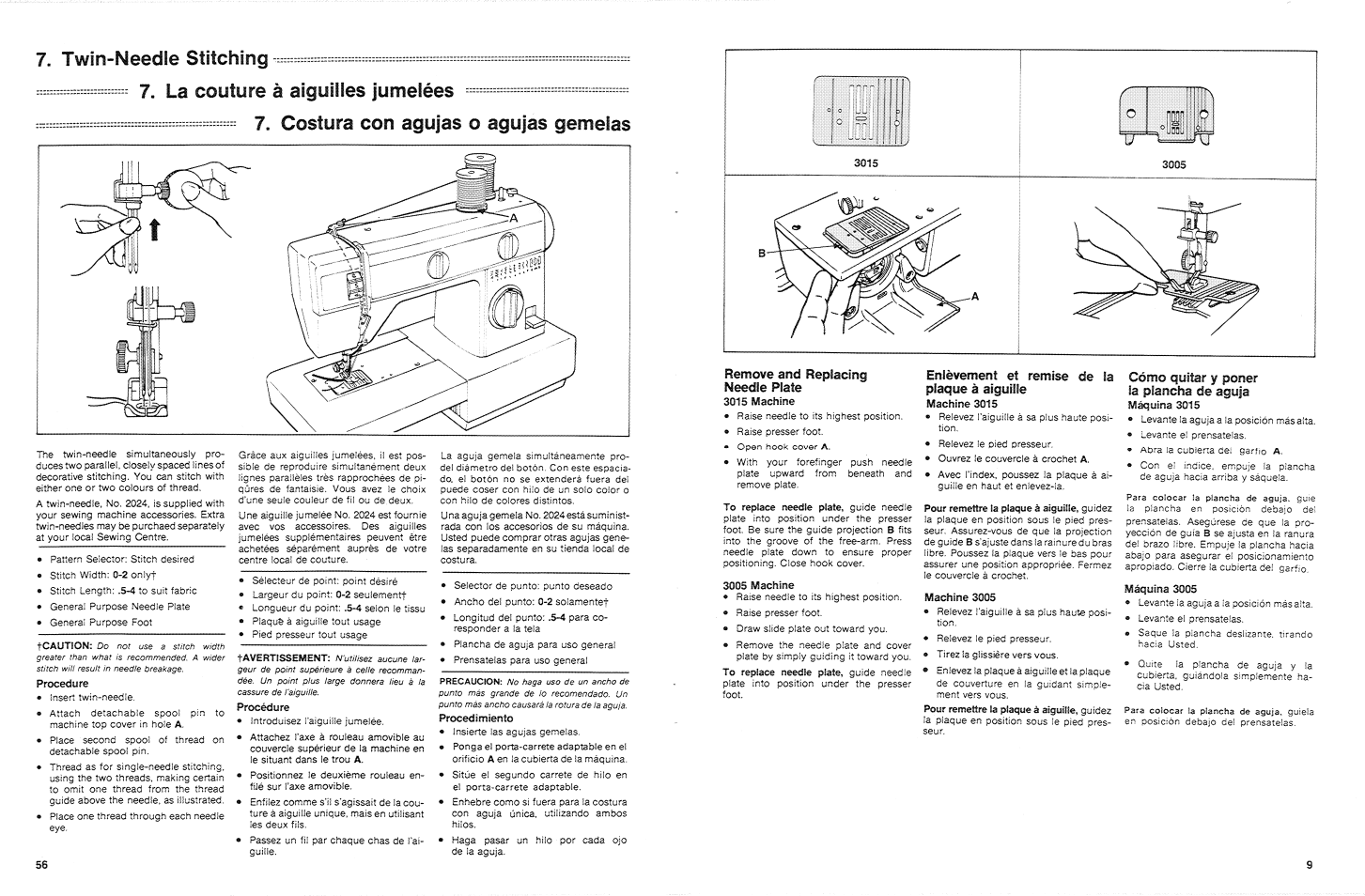 Twin-needle stitching, Procédure, J, ^3 coutufe à aîgulifes juìtielées | Costufa con agujas o agujas geiîielas | SINGER 3015 User Manual | Page 58 / 68