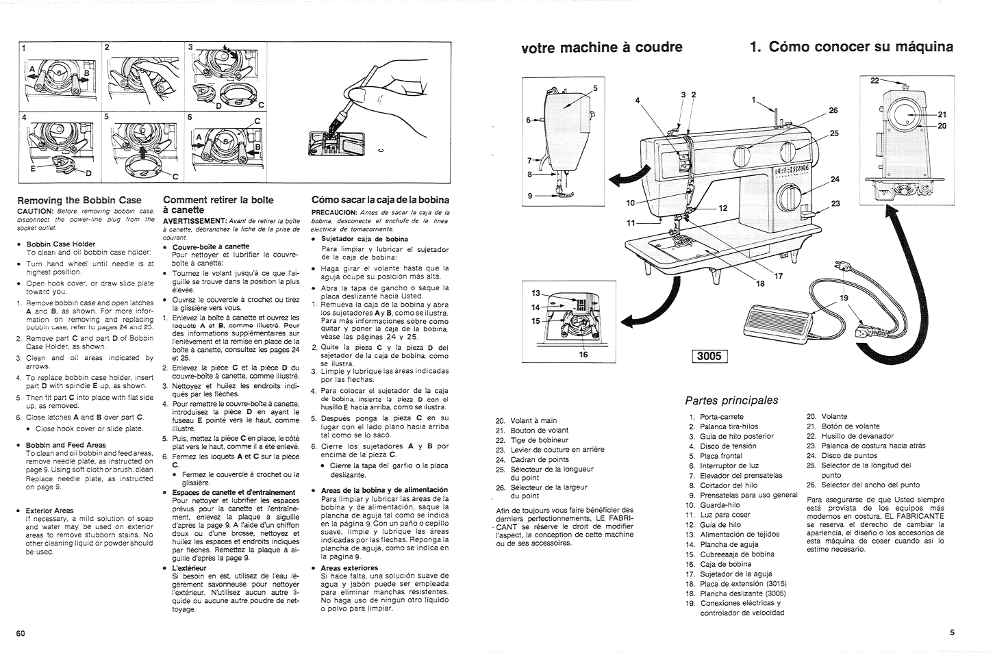 Cómo conocer su máquina, Partes principales, Votre machifie à coudre 1. cómo conocer su máquina | SINGER 3015 User Manual | Page 7 / 68