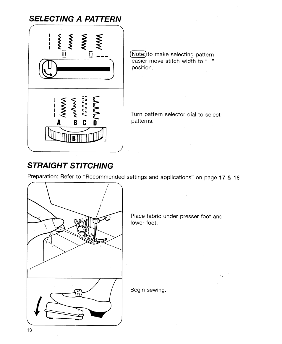 Selecting a pattern, Straight stitching | SINGER 30518 User Manual | Page 18 / 36