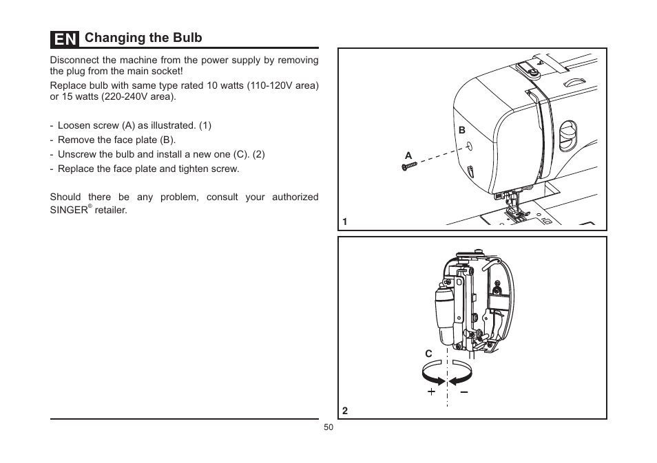 Changing the bulb | SINGER 3321 TALENT User Manual | Page 57 / 62