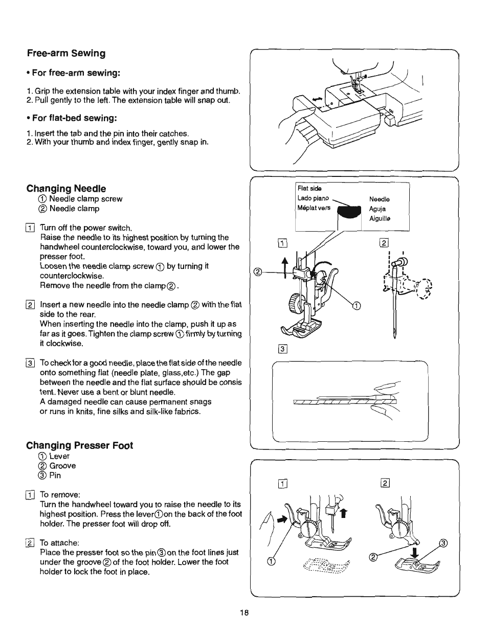 Free-arm sewing, Changing needle, Changing presser foot | Changing needle changing presser foot | SINGER 384.13012 (Sold at Sears) User Manual | Page 18 / 79