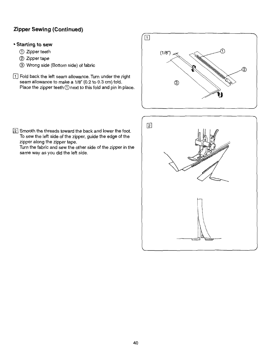 Zipper sewing (continued) | SINGER 384.13012 (Sold at Sears) User Manual | Page 40 / 79
