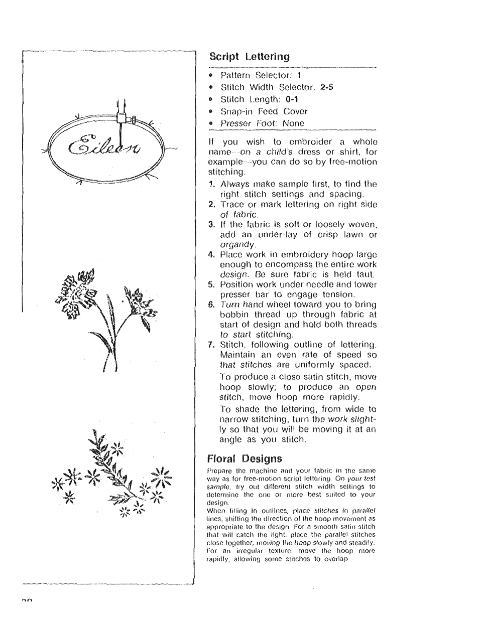 Script lettering, Floral designs | SINGER 4022 User Manual | Page 30 / 56