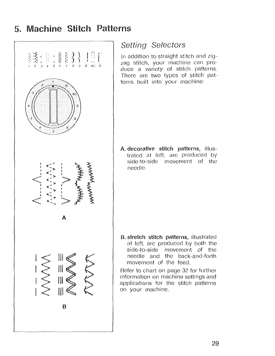 Machine stitch patterns, Setting selectors, N j o i | SINGER 4022 User Manual | Page 31 / 56
