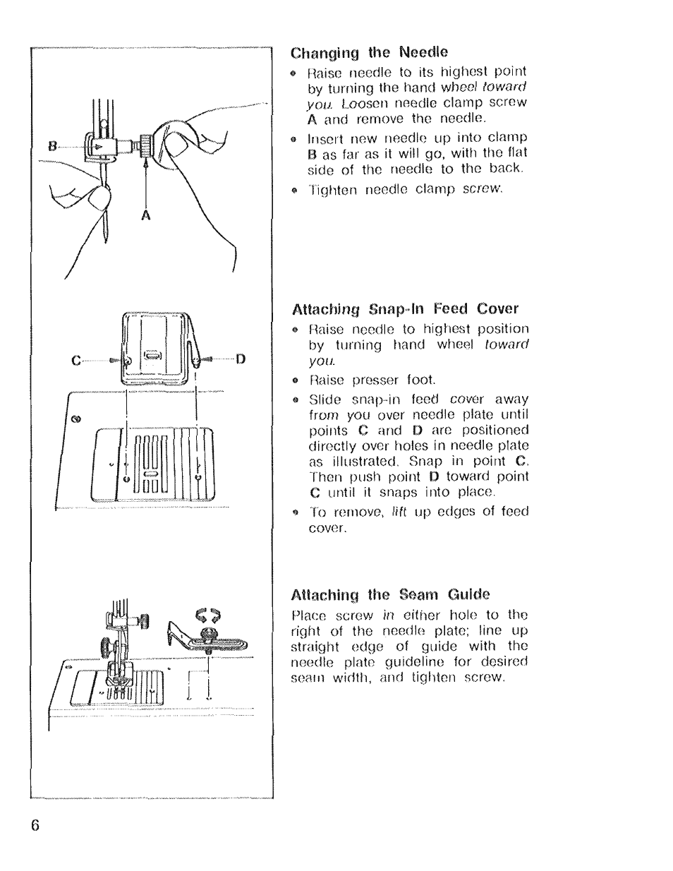 Changing the needle, Attaching snap-in feed cover, Attaching the seam guide | SINGER 4022 User Manual | Page 8 / 56