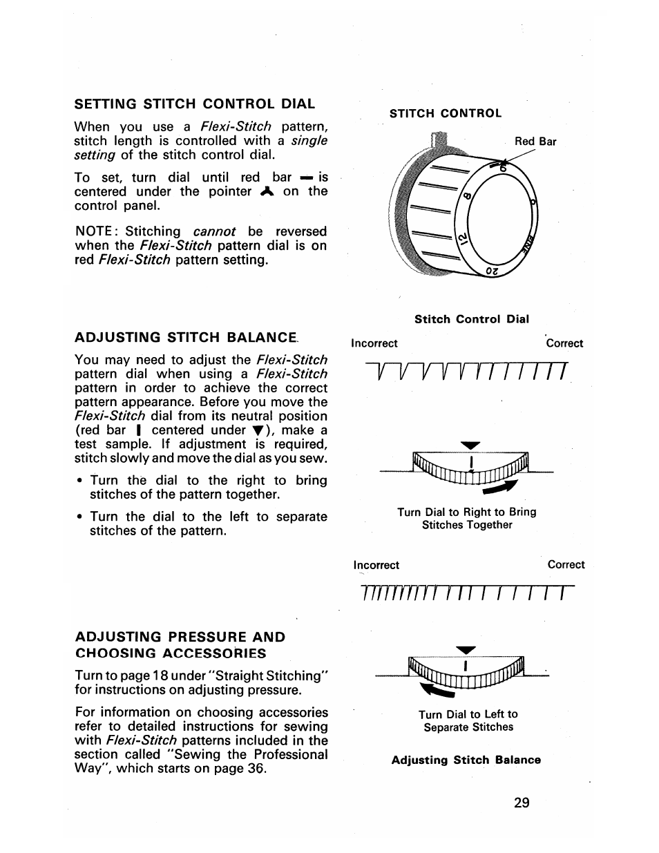 Adjusting stitch balance, Adjusting pressure and choosing accessories, Nnnrmi ! 1 1 1 1 | SINGER 413 User Manual | Page 31 / 64