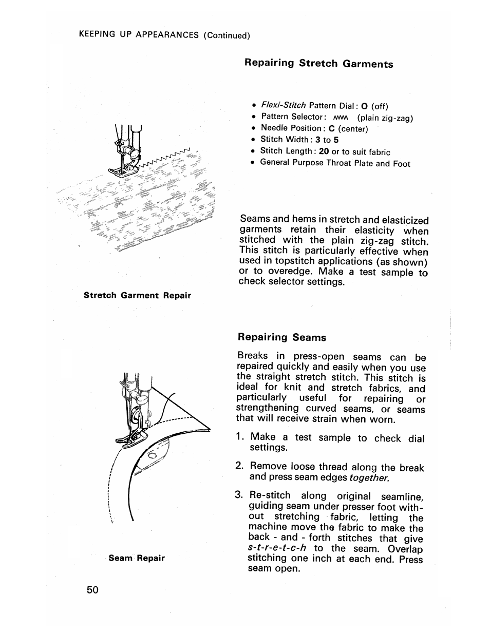 Repairing stretch garments, Repairing seams | SINGER 413 User Manual | Page 52 / 64