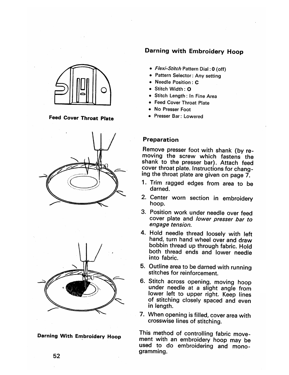 Darning with embroidery hoop, Preparation | SINGER 413 User Manual | Page 54 / 64