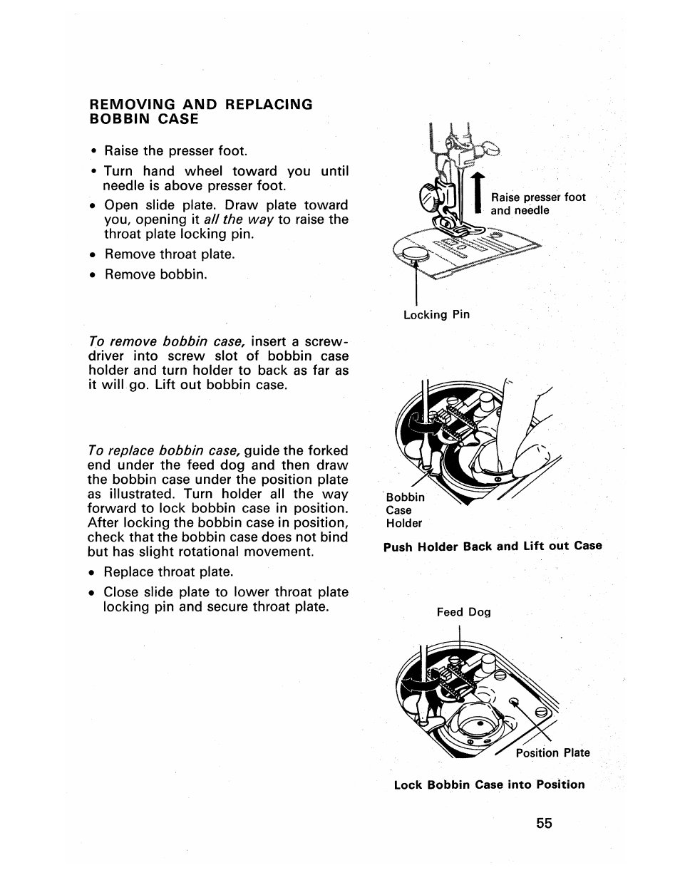 Removing and replacing, Bobbin case | SINGER 413 User Manual | Page 57 / 64