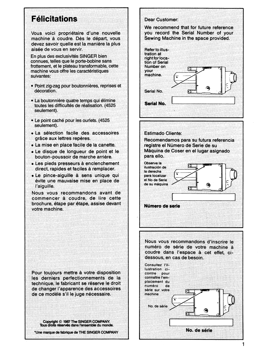 Félicitations | SINGER 7011 User Manual | Page 3 / 78