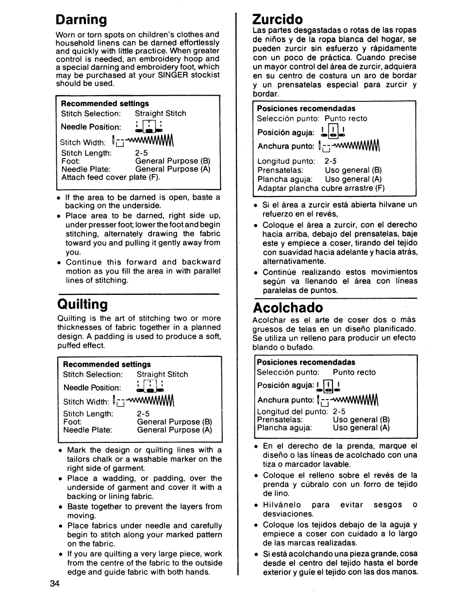 Darning, Quilting, Zurcido | Acolchado, Zurcido acolchado | SINGER 7011 User Manual | Page 36 / 78