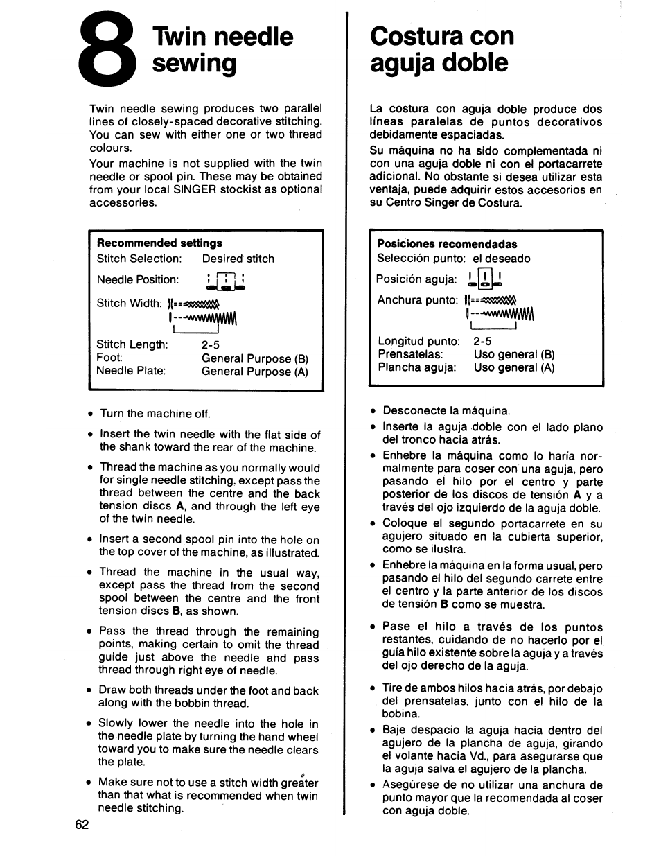 Twin needle sewing, Costura con aguja doble | SINGER 7011 User Manual | Page 62 / 78