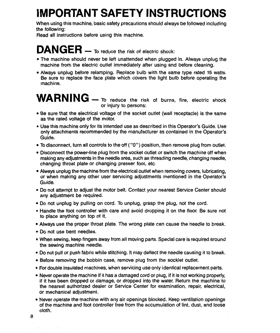 Impofnant safety instructions, Danger, Warning | SINGER 7021 Merritt User Manual | Page 10 / 88
