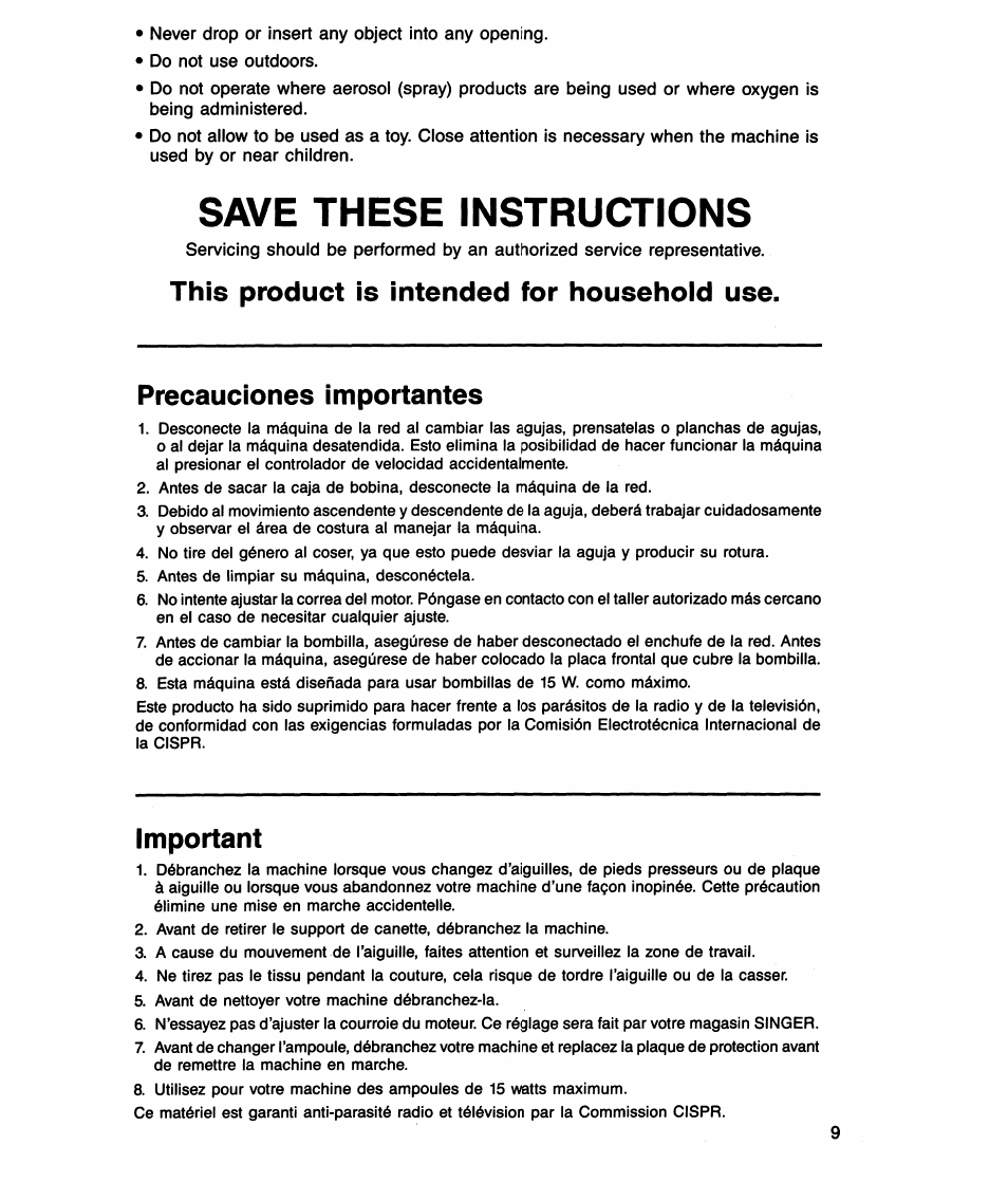 This product is intended for household use, Precauciones importantes, Important | Save these instructions | SINGER 7021 Merritt User Manual | Page 11 / 88