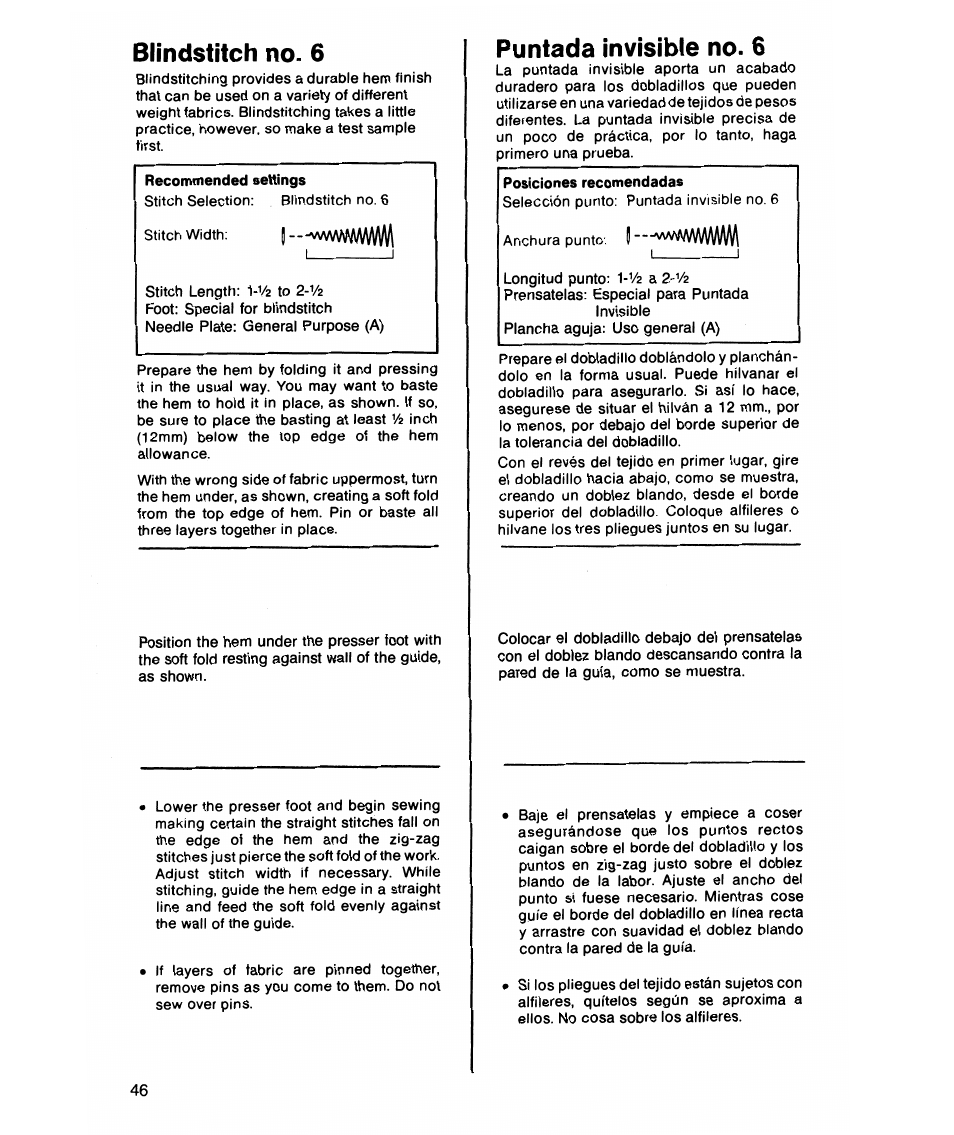 Blindstitch no. 6, Puntada invisible no. 6, Blindstitch no | SINGER 7021 Merritt User Manual | Page 48 / 88