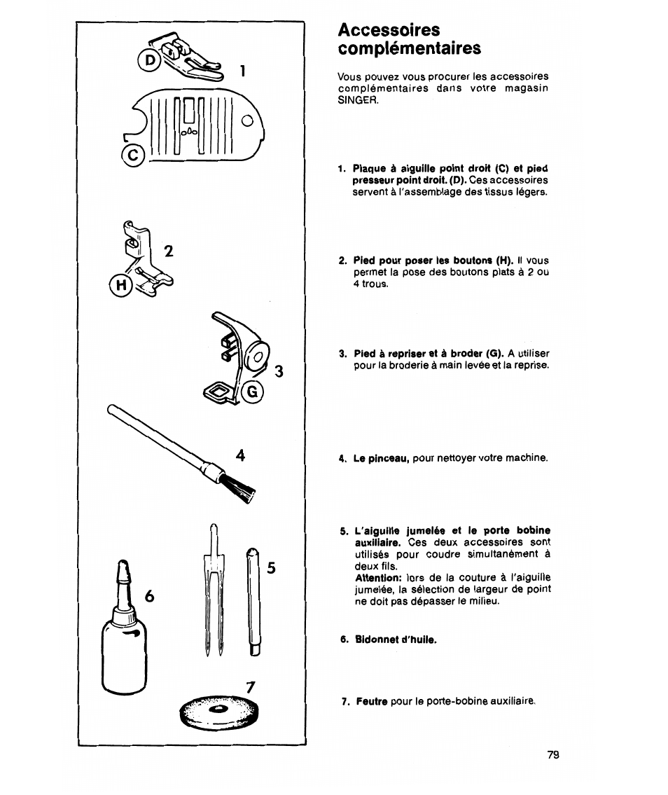 Accessoires, Complémentaires, Accessoires complémentaires | SINGER 7021 Merritt User Manual | Page 81 / 88