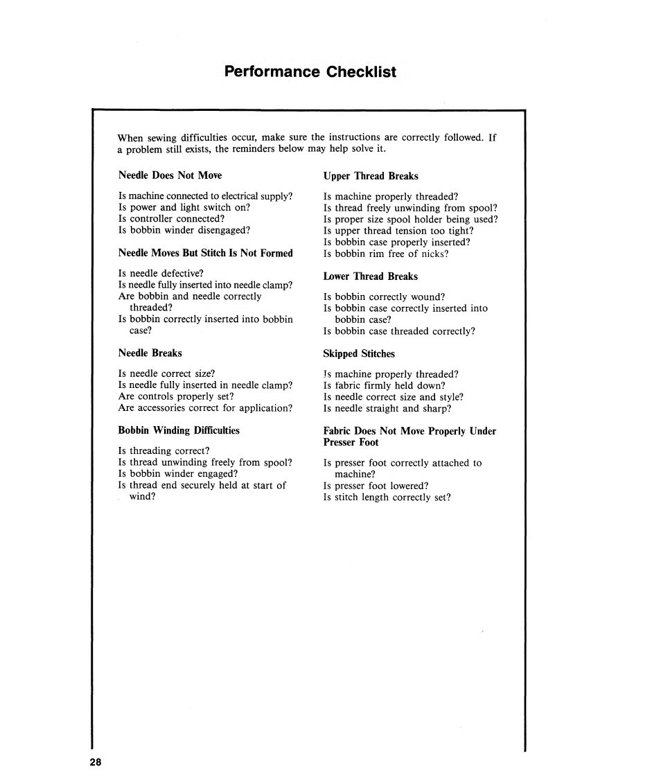 Performance checklist | SINGER 484.1544180 (Sold at Sears) User Manual | Page 30 / 36