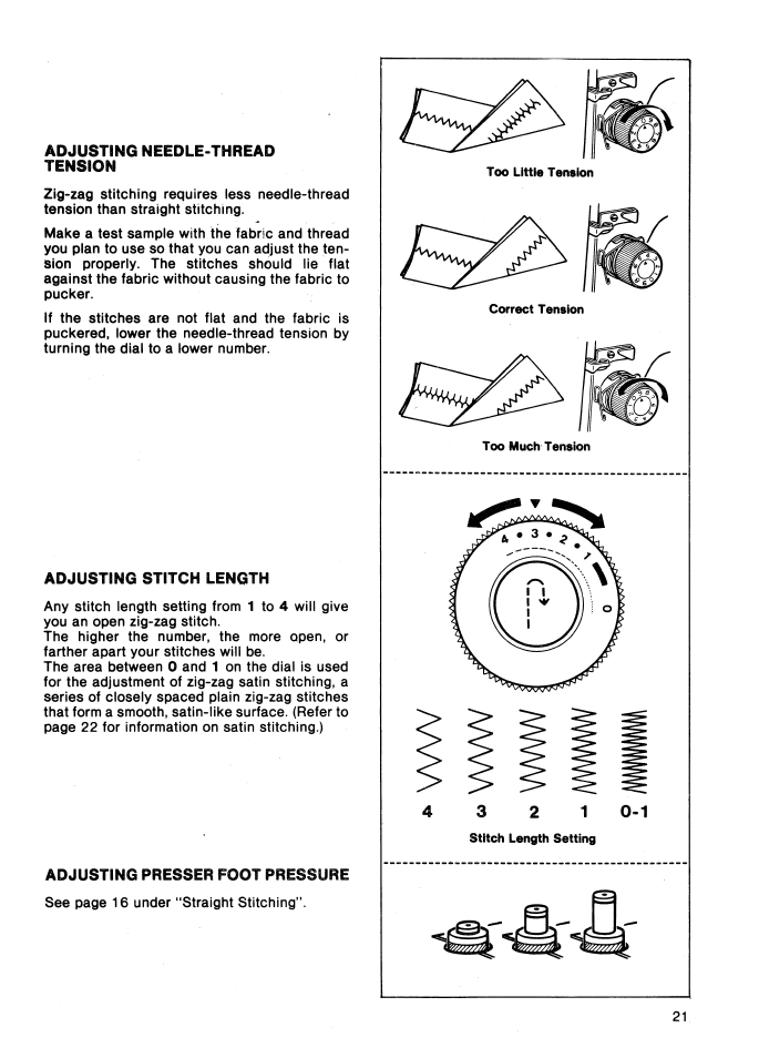 Adjusting needle-thread tension, Adjusting stitch length, Adjusting presser foot pressure | SINGER 5147 User Manual | Page 23 / 42
