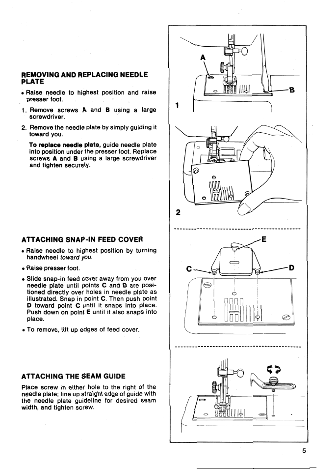 Removing and replacing needle plate, Attaching snap-in feed cover, Attaching the seam guide | SINGER 5147 User Manual | Page 7 / 42