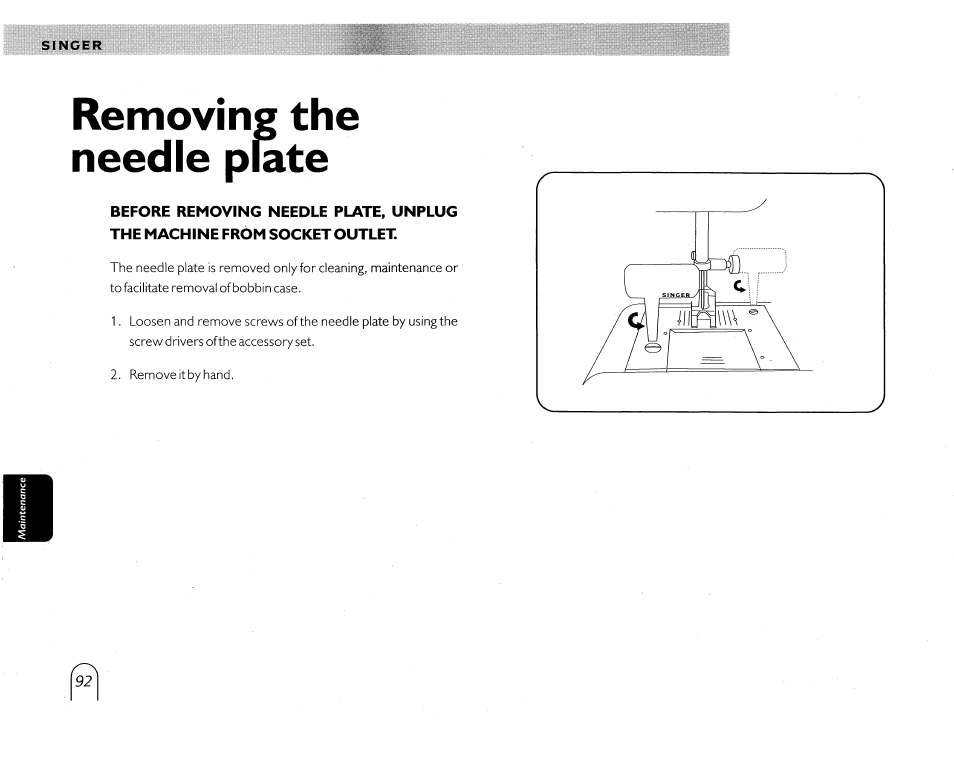 Removing the needle plate | SINGER 5430 User Manual | Page 94 / 108