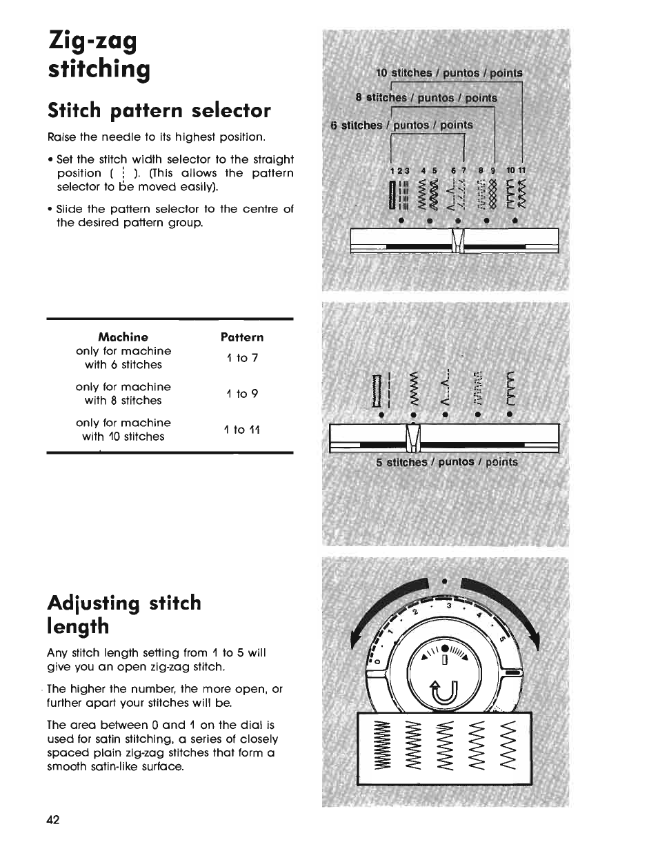 Zig-zag, Stitching, Stitch pattern selector | Adjusting stitch length, Zig-zag stitching | SINGER 7025 User Manual | Page 44 / 78