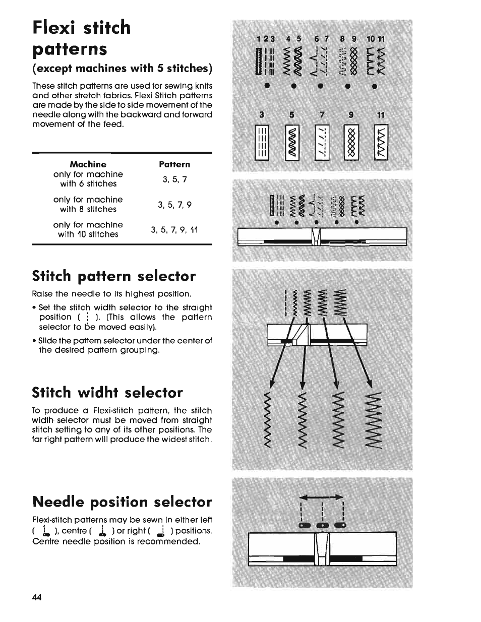 Flexi stitch patterns, Stitch pattern selector, Stitch widht selector | Needle position selector | SINGER 7025 User Manual | Page 46 / 78