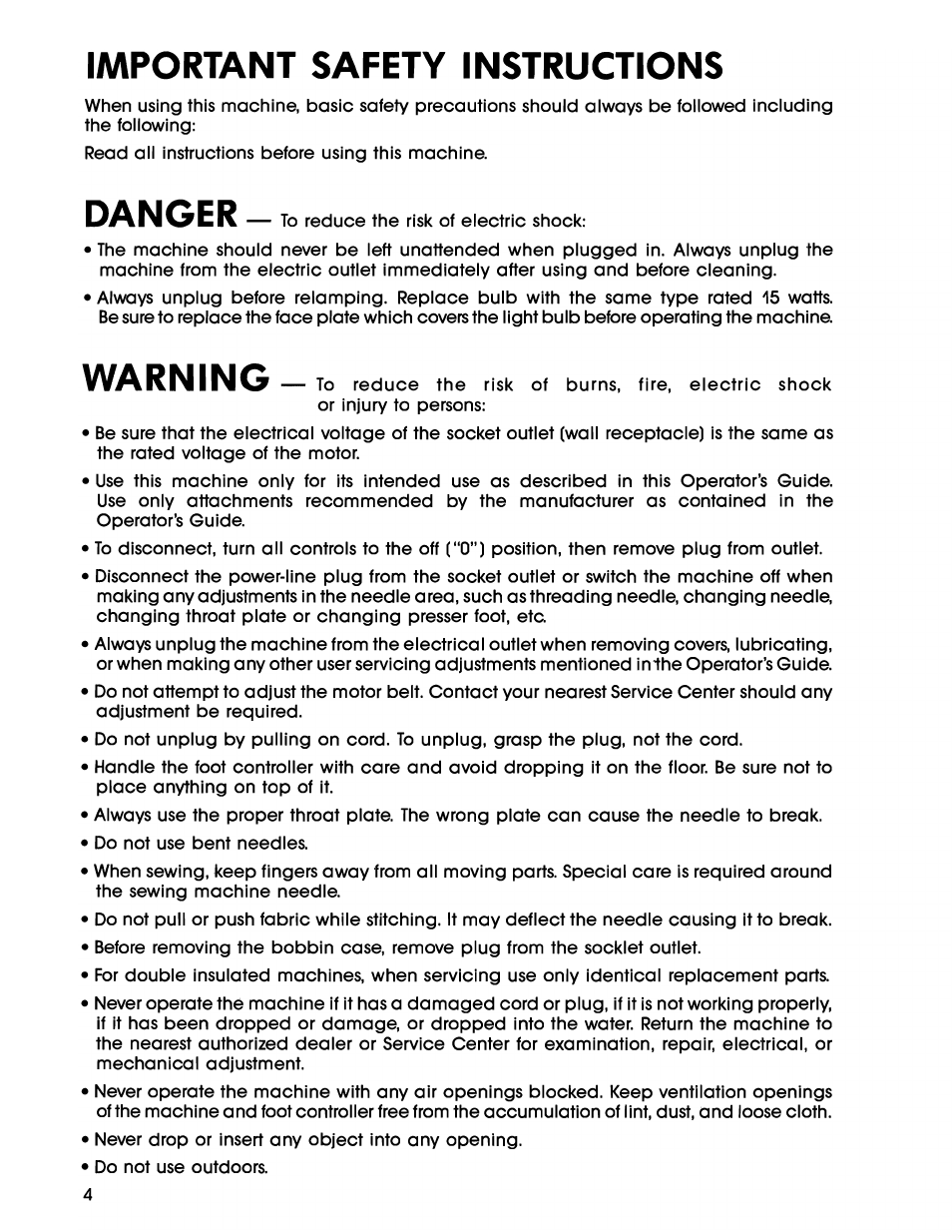 Important safety instructions, Danger, Warning | SINGER 7025 User Manual | Page 6 / 78