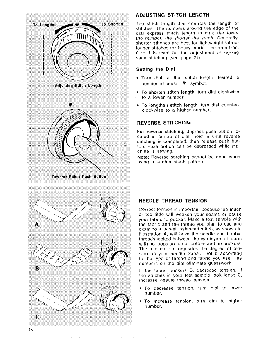 Adjusting stitch length, Setting the dial, Reverse stitching | Needle thread tension | SINGER 6110 User Manual | Page 17 / 41