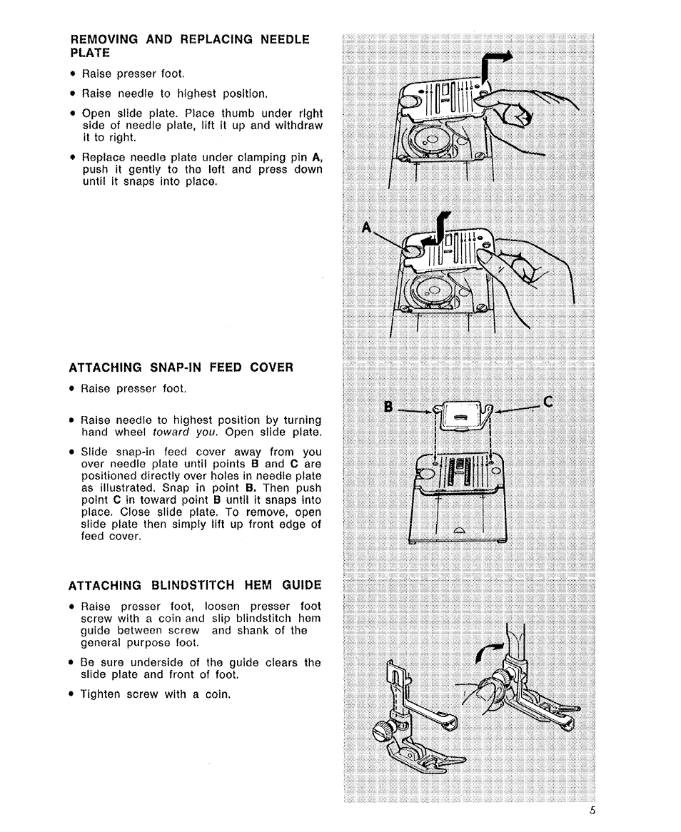 Removing and replacing needle, Plate, Attaching snap-in feed cover | Attaching blindstitch hem guide | SINGER 6110 User Manual | Page 6 / 41