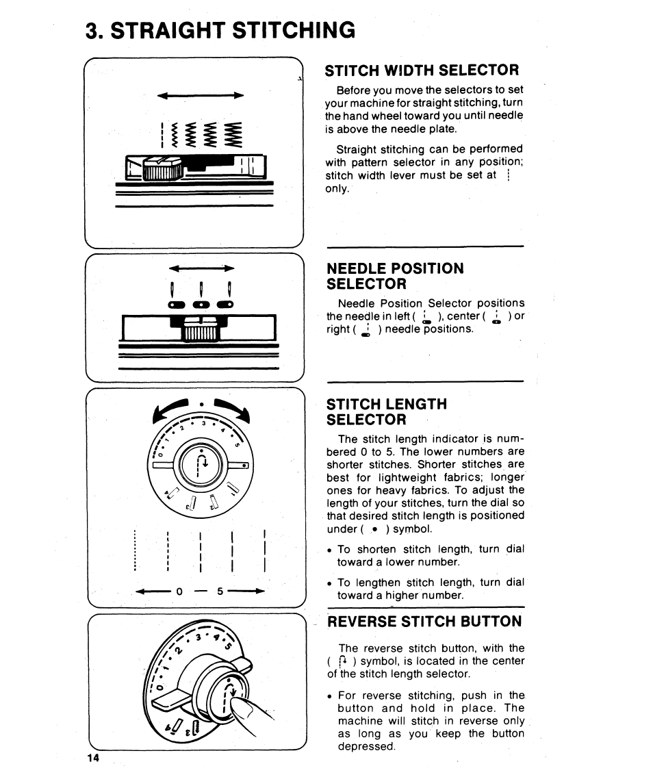 Straight stitching, Stitch width selector, Needle position selector | Stitch length selector, Reverse stitch button, Section 3, Tnwnf | SINGER 6215 User Manual | Page 16 / 48