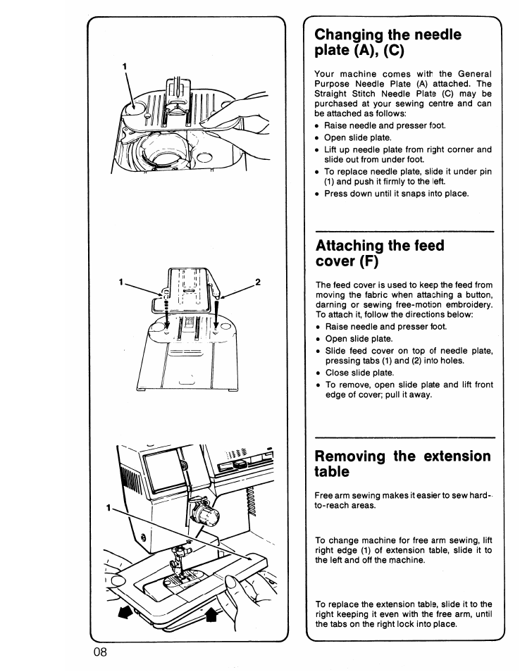Changing the needle plate (a), (c), Attaching the feed cover (f), Removing the extension tabie | Changing the needle plate, Attaching the feed cover | SINGER 6217 User Manual | Page 10 / 48